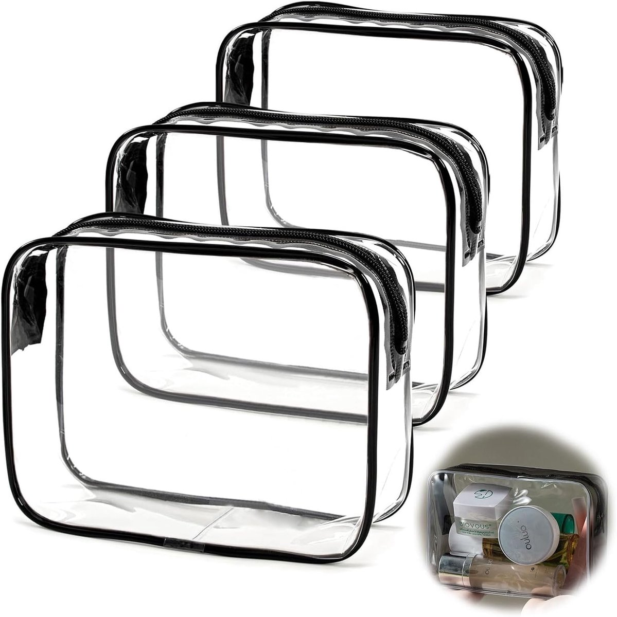 Toilettassen, vliegtuig, pvc-cosmeticatas, waterdicht, tas voor vliegtuig, handbagage, cosmeticatas, doorzichtig, TSA-goedgekeurde make-uptassen, voor mannen en vrouwen, zwart