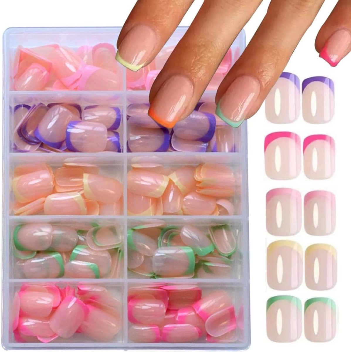 Nageltips, 240 Franse nagels, korte kunstnagels, vierkante press-on nagels, 5 kleuren, natuurlijke kunstnagels voor nicotecnics, beginners en doe-het-zelf nail art decoraties