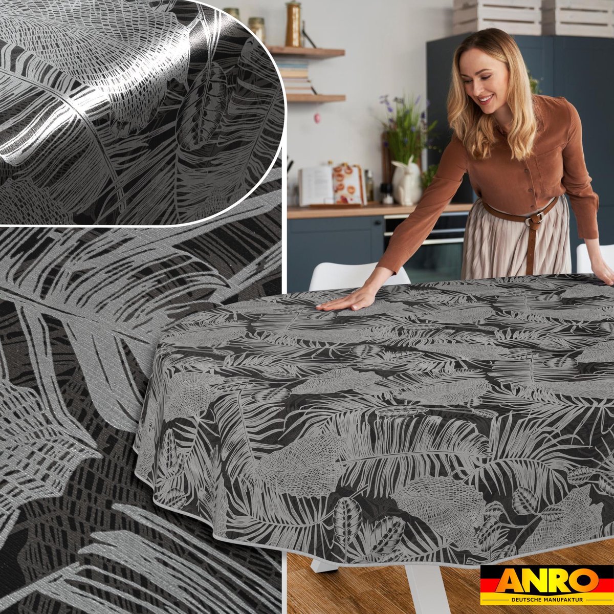 ANRO Tafelkleed Nachttropisch Grijs Ovaal 280x140cm Met sierband Afwasbaar Waterafstotend