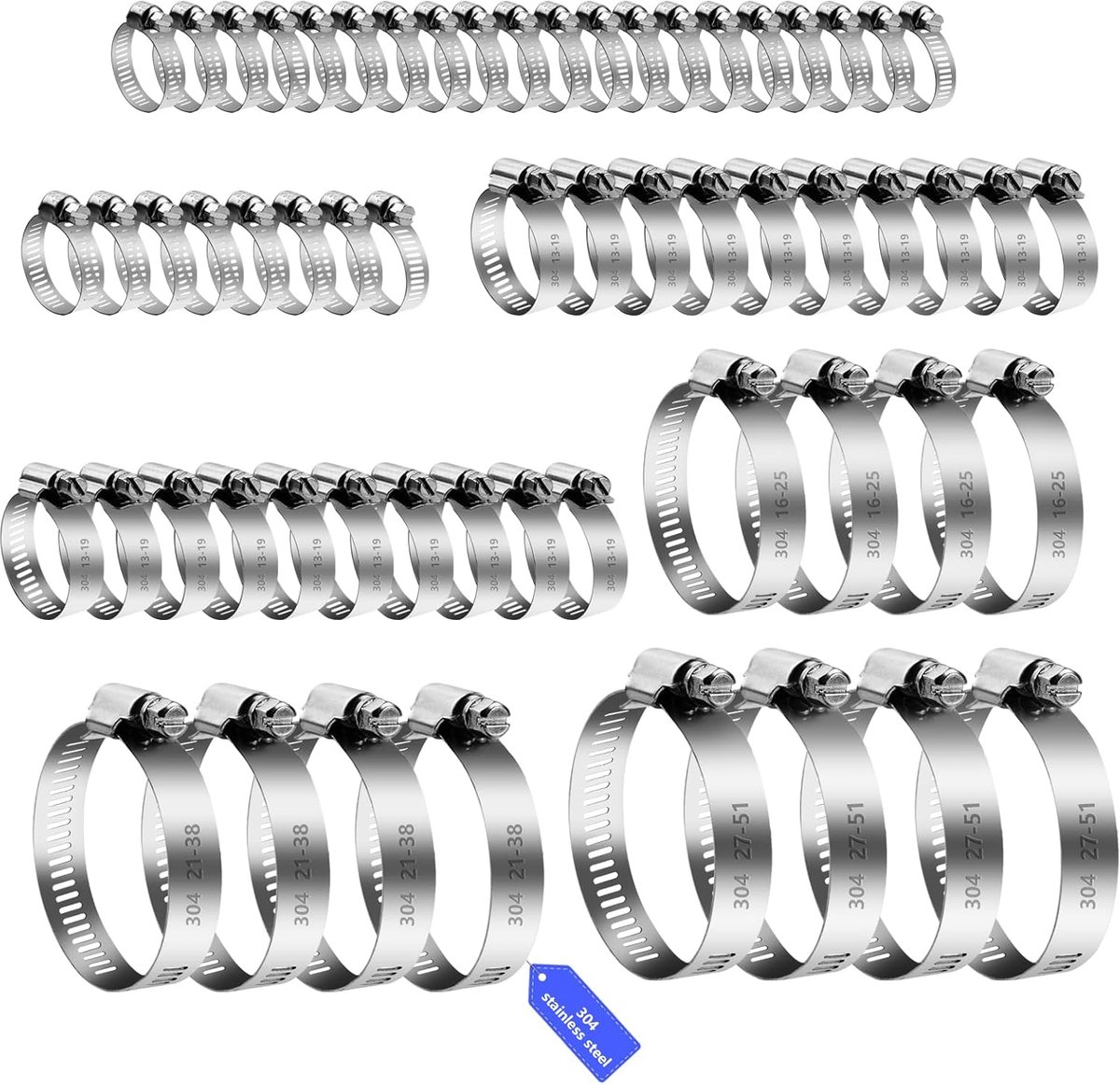 60-delige slangklemmen set RVS 304 6-51 mm | Slangklem assortiment voor wasmachine, zwembad en brandstofslang. Verstelbare klemmen in 6 maten, eenvoudig te monteren.
