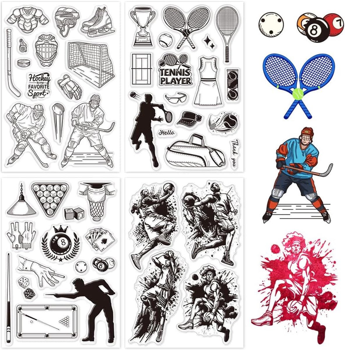 4 Vellen Hockey Clear Stempels voor Kaarten Maken Tennis Biljart Basketbal Siliconen Clear Stempel Seals Sport Transparante Stempels voor DIY Scrapbooking Tijdschriften Decoratieve