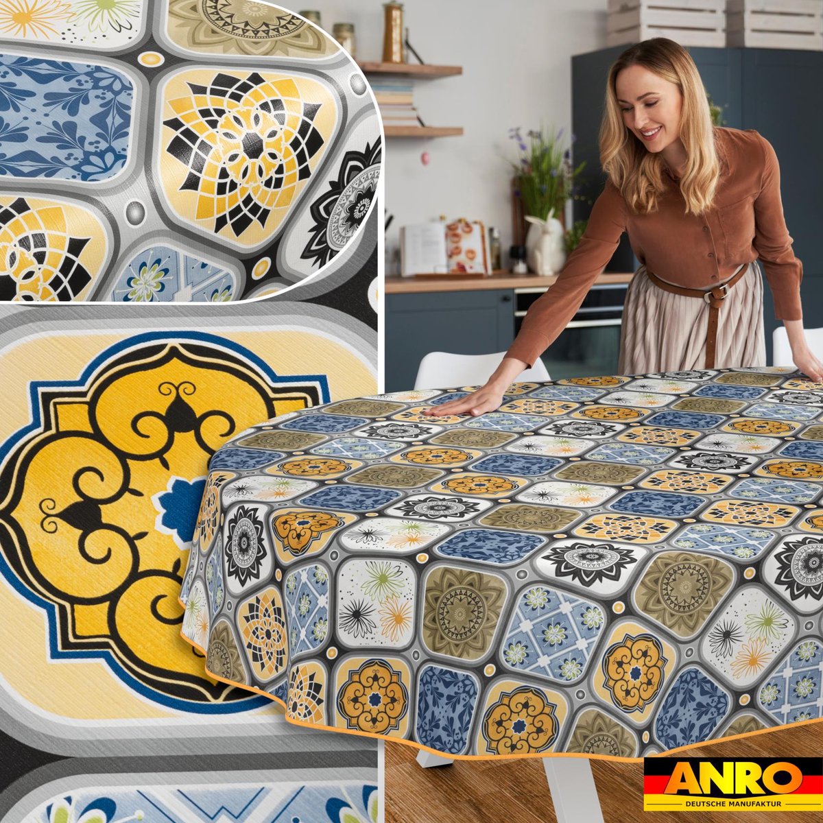 ANRO Tafelkleed Porto tegels Blauw Ovaal 260x140cm Met sierband Afwasbaar Waterafstotend