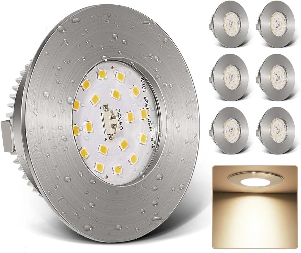 Led-inbouwspots, 6 W, 230 V, ultraplatte ledspots, 4000 K, neutraal wit, IP44, gatmaat 60-65 mm, plafondspots voor badkamer, keuken, woonkamer, spots, plafondlamp, mat nikkel, set van 6