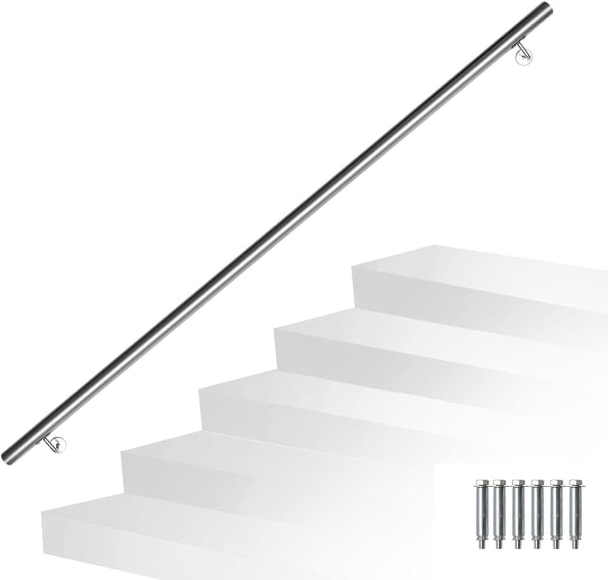 Trapleuning roestvrij staal voor binnen en buiten, 200 cm, Ø 42 mm, balkonleuning, trapleuning, leuning, wandleuning, trap met wandhouders, montagemateriaal