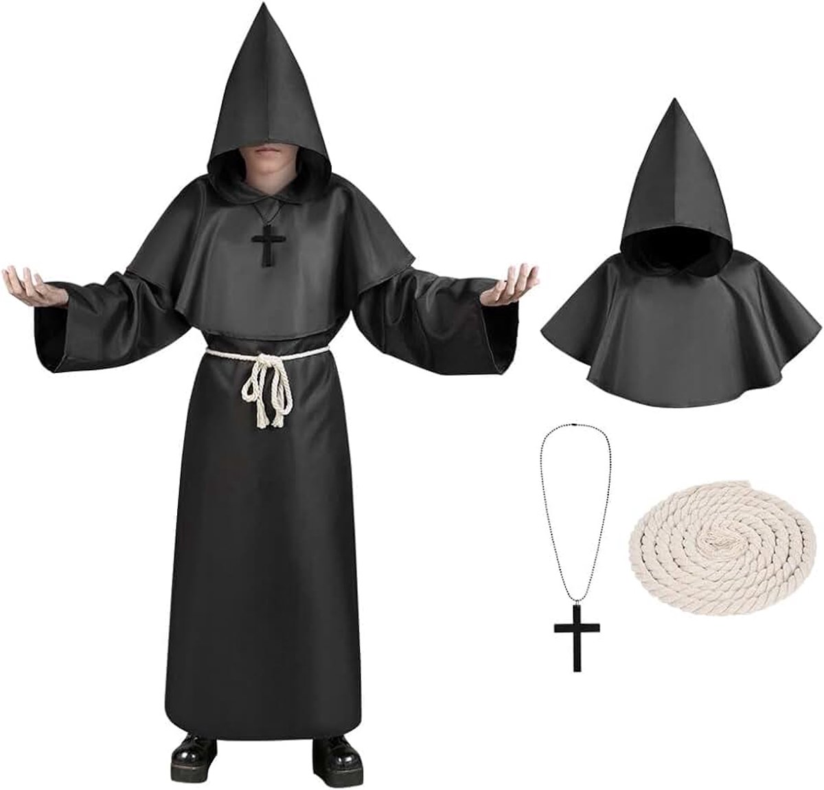 Kinderen monnik kostuum, kinderen mantel gewaad cosplay verkleedkledij, kinderen middeleeuwse capuchon gewaad priester outfits renaissance, kinderen capuchon mantel ridder vintage wicked