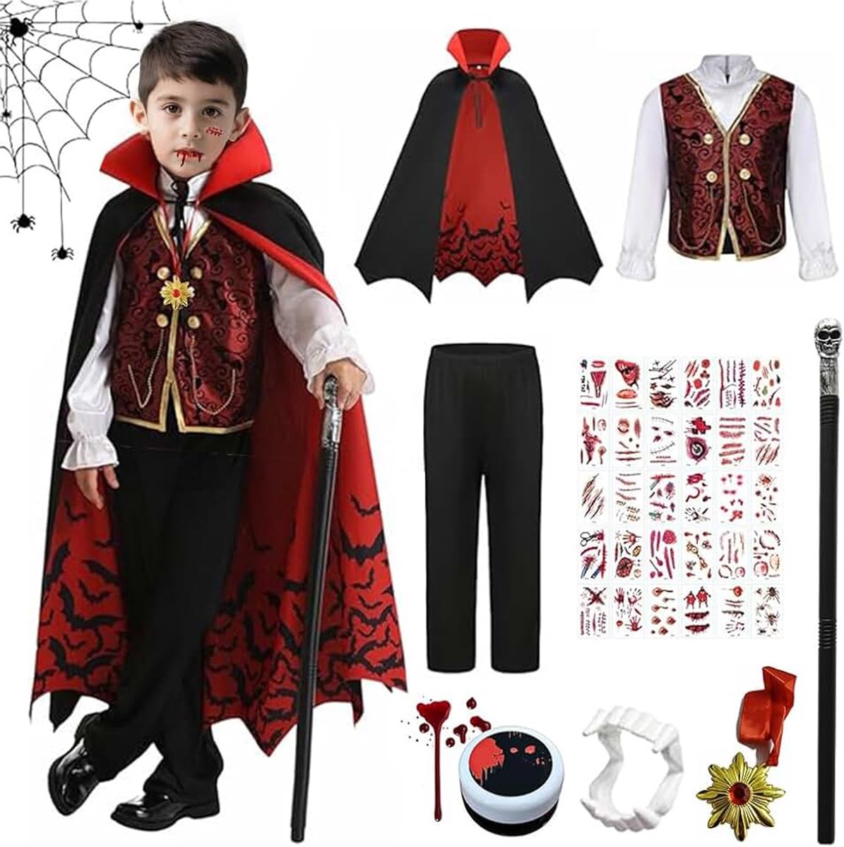 Kostuums voor jongens, vampierkostuum voor kinderen, Halloween-kostuum voor kinderen, vampier, met cape, zwart, scepter, vampiergebit, vampiermedaille, nepbloed en