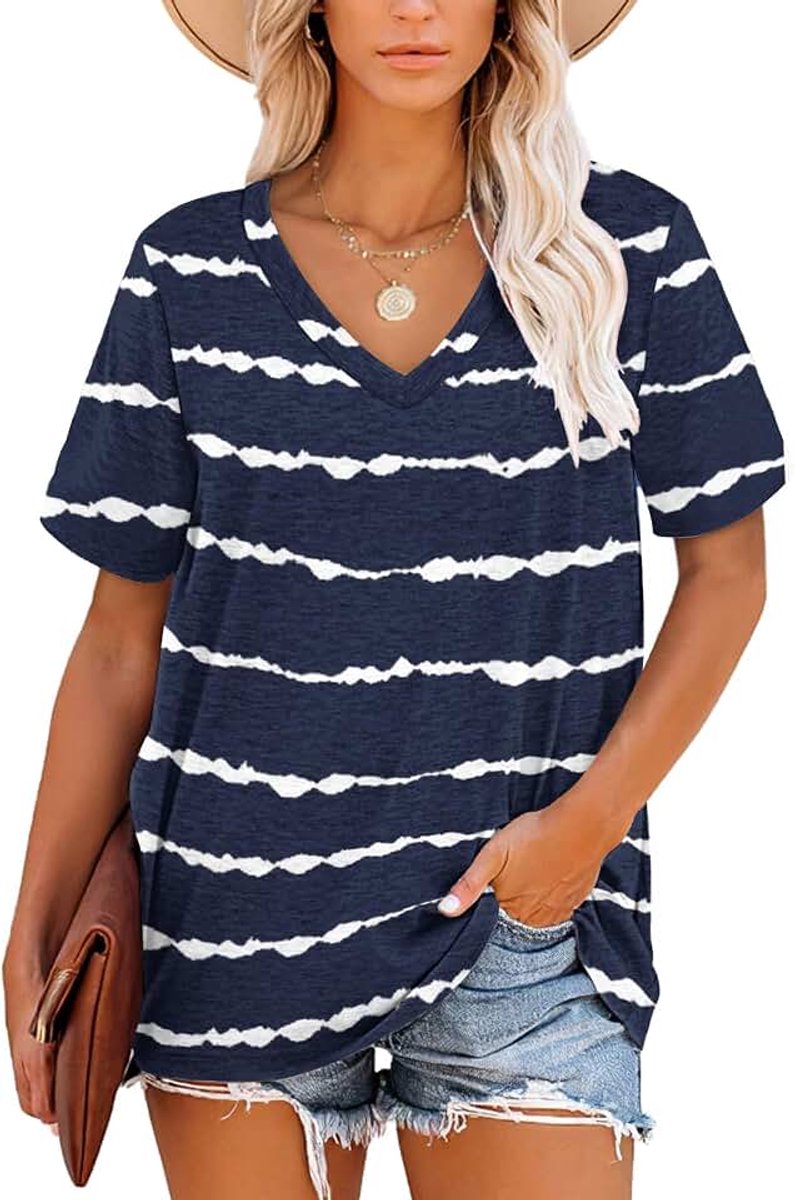 T-shirts voor dames Korte mouw V-hals Gestreept zomertops Casual los T-shirt