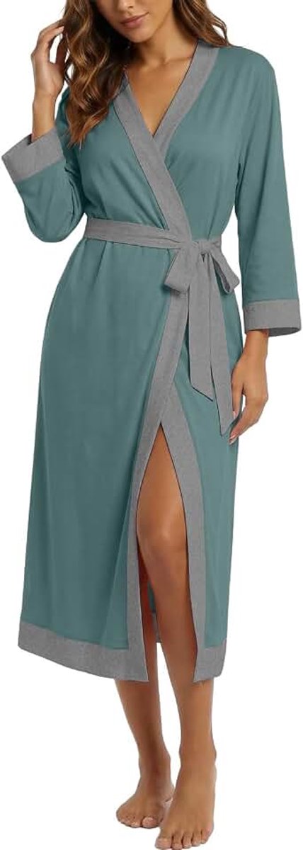 Badjas voor dames, lang, 3/4 mouwen, ochtendjas, lichte V-hals, kimono, nachtkleding met tailleband