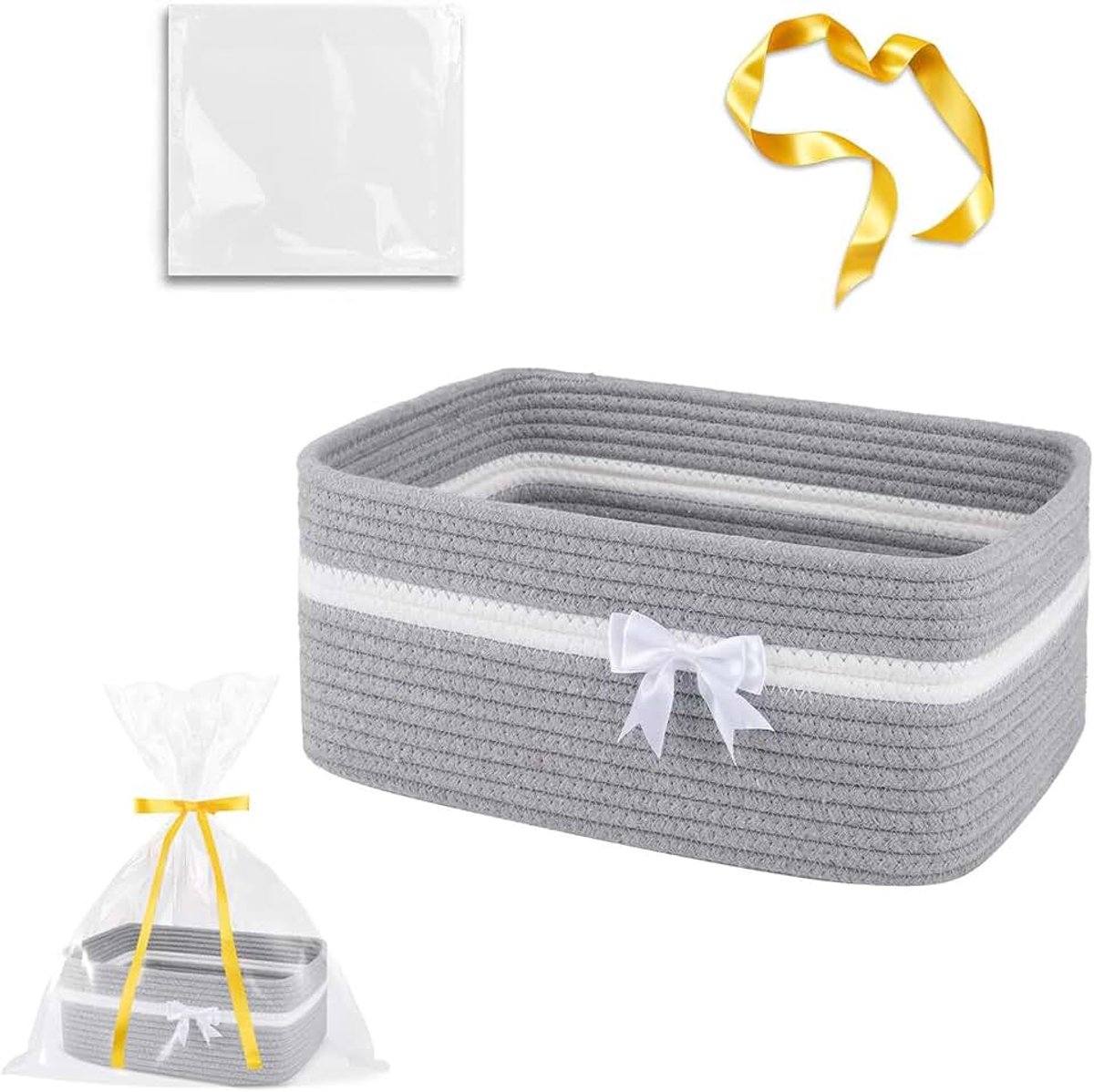 Opbergmand, 34,5 x 25,5 x 15 cm, lege geschenkmand van katoenen touw met handgrepen, met cadeauzakje en lint, ideaal voor het opbergen van snacks, speelgoed en kleding, grijs