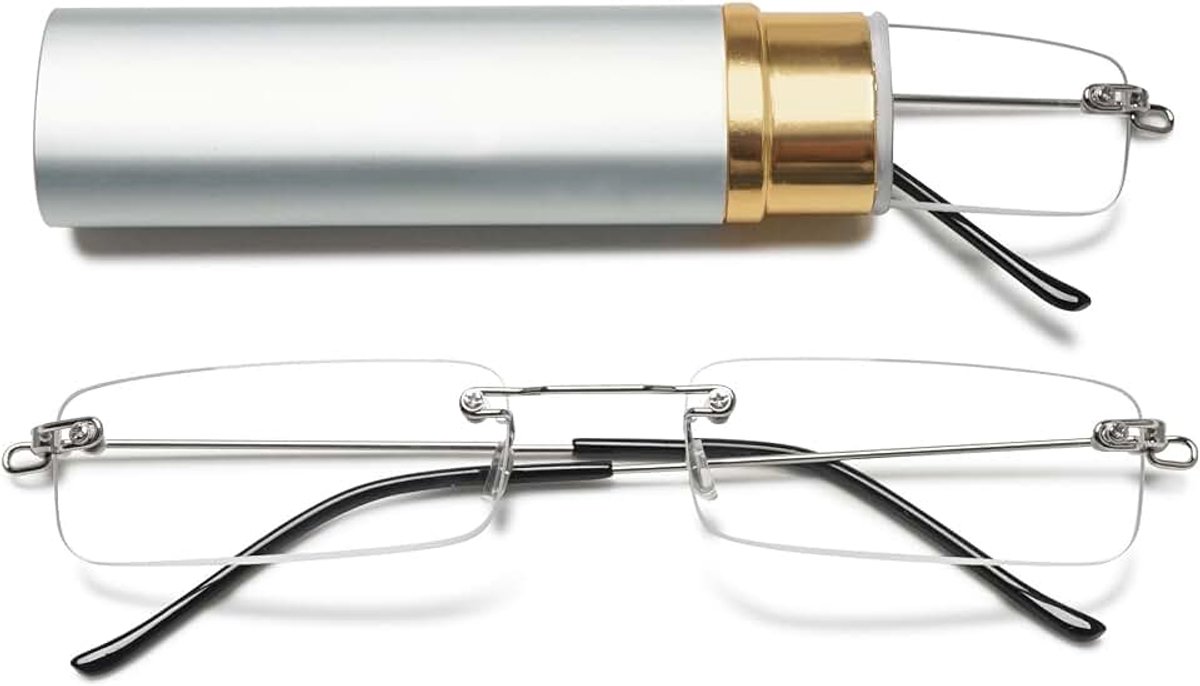 Mini frameloze leesbril, blauwlichtfilter, smal, voor dames en heren, ultralicht, rechthoekig, randloos, leeshulp, kleine bril met metalen etui
