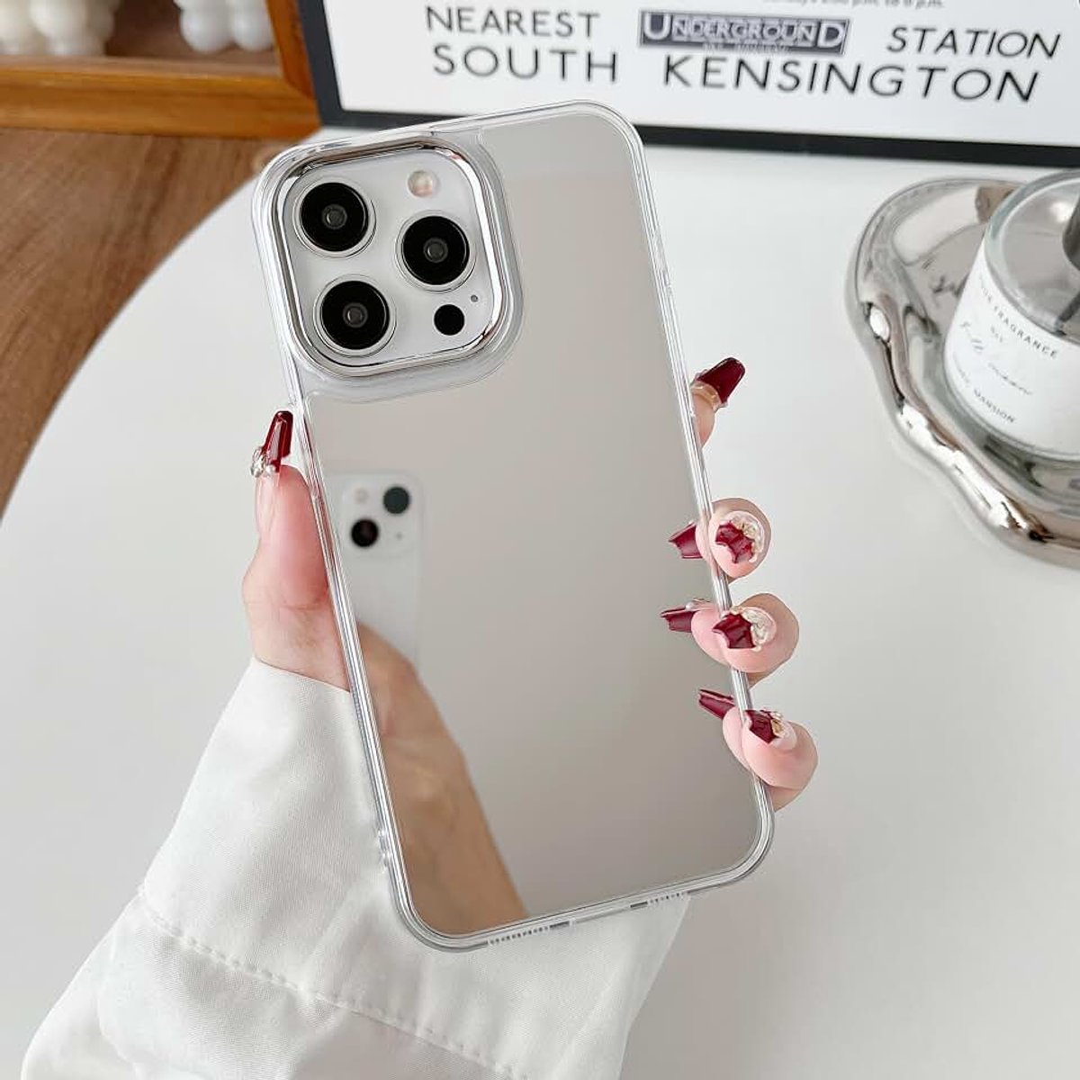 Hoesje voor iPhone 12/12 Pro, schattig zilver 3D liefde hart heldere make-up spiegel hoesje, flexibele schokbestendige anti-kras beschermhoes voor iPhone 12/iPhone 12 Pro 6,1 inch - 5 harten