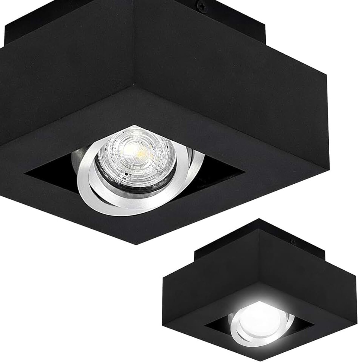 Plafondlamp GU10 OSMIN RIM met 1-licht, Zwart/Zilverig – Vierkante Opbouwlamp – Enkele Spot met Verstelbare, Verwisselbare Ring – Moderne Verlichting voor Woonkamer, Slaapkamer en Keuken