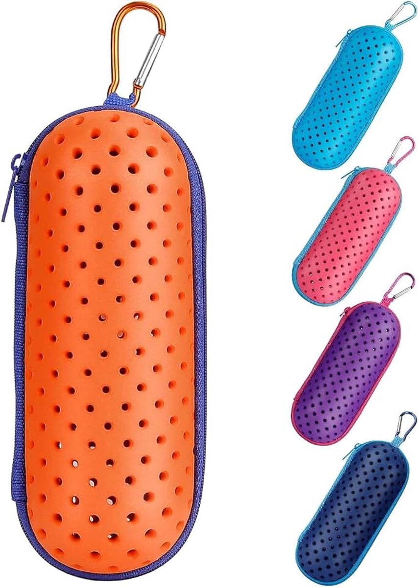 Etui, zwembrillenkoker, hardcase, beschermhoes brillenkoker met karabijnhaak en afvoergaten, voor zwembril, zonnebrillen, uniseks