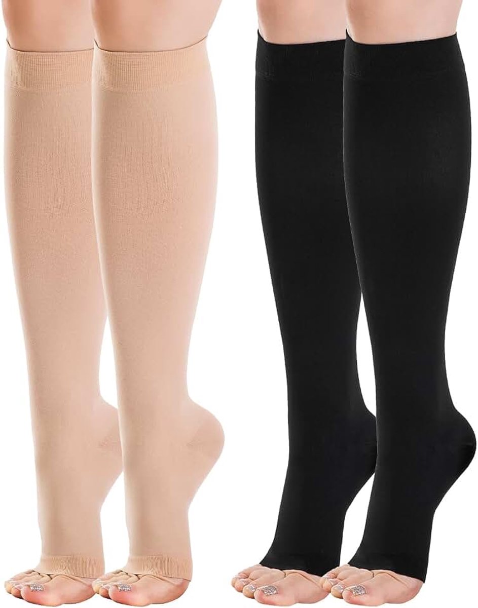 Sokken 20-30 mmHg (Klasse 2), Open Teen Steunkousen voor Spataderen, Doorbloeding & Zwelling, Unisex voor Zwangerschap, Hardlopen & Verpleegkundigen