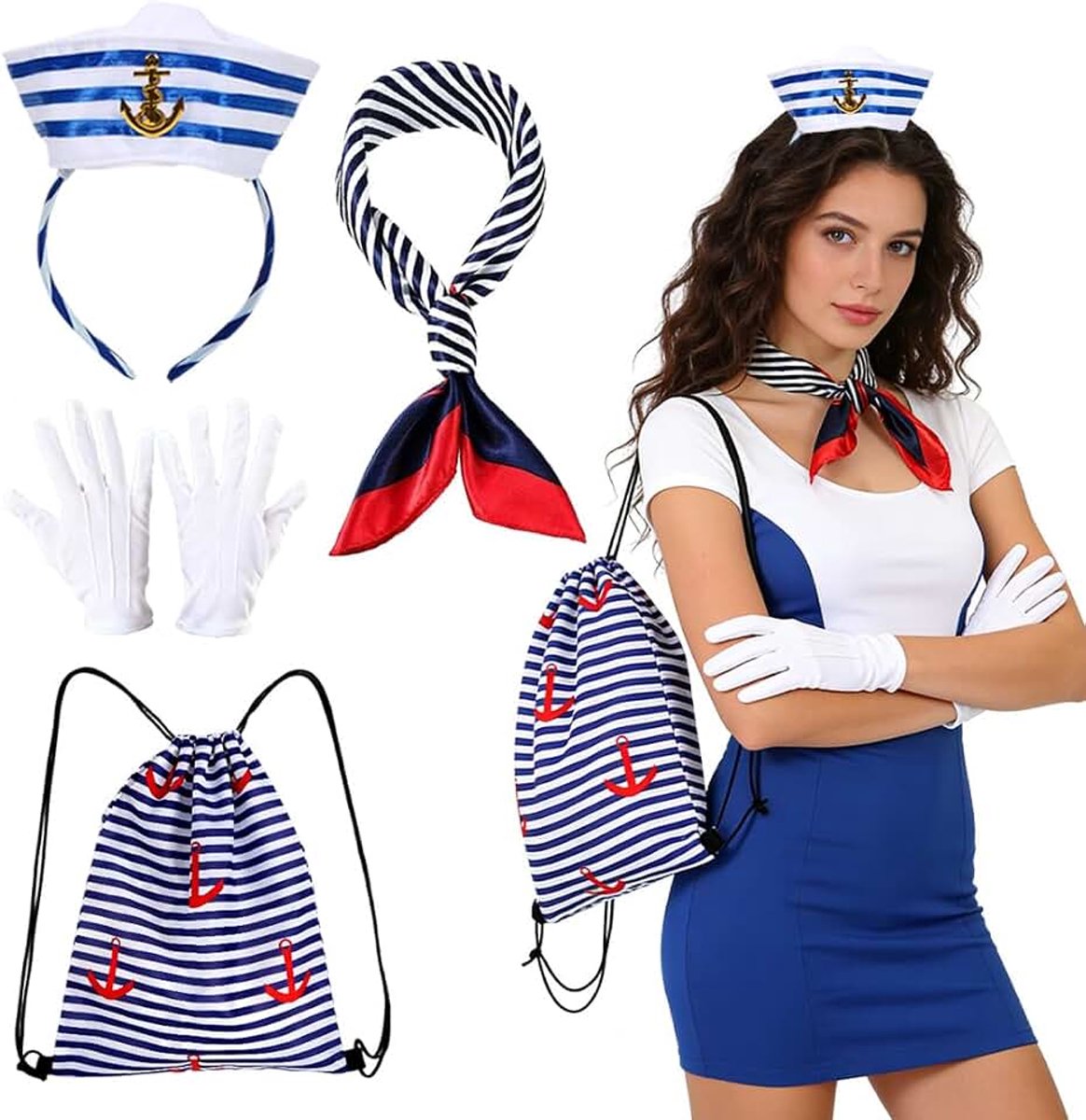 Matrozen-kostuum voor dames, matrozenmuts, sjaal, handschoenen, strepen, tas, matroos-outfit, marine, carnavalskostuum, accessoires voor Halloween, carnaval, cosplay