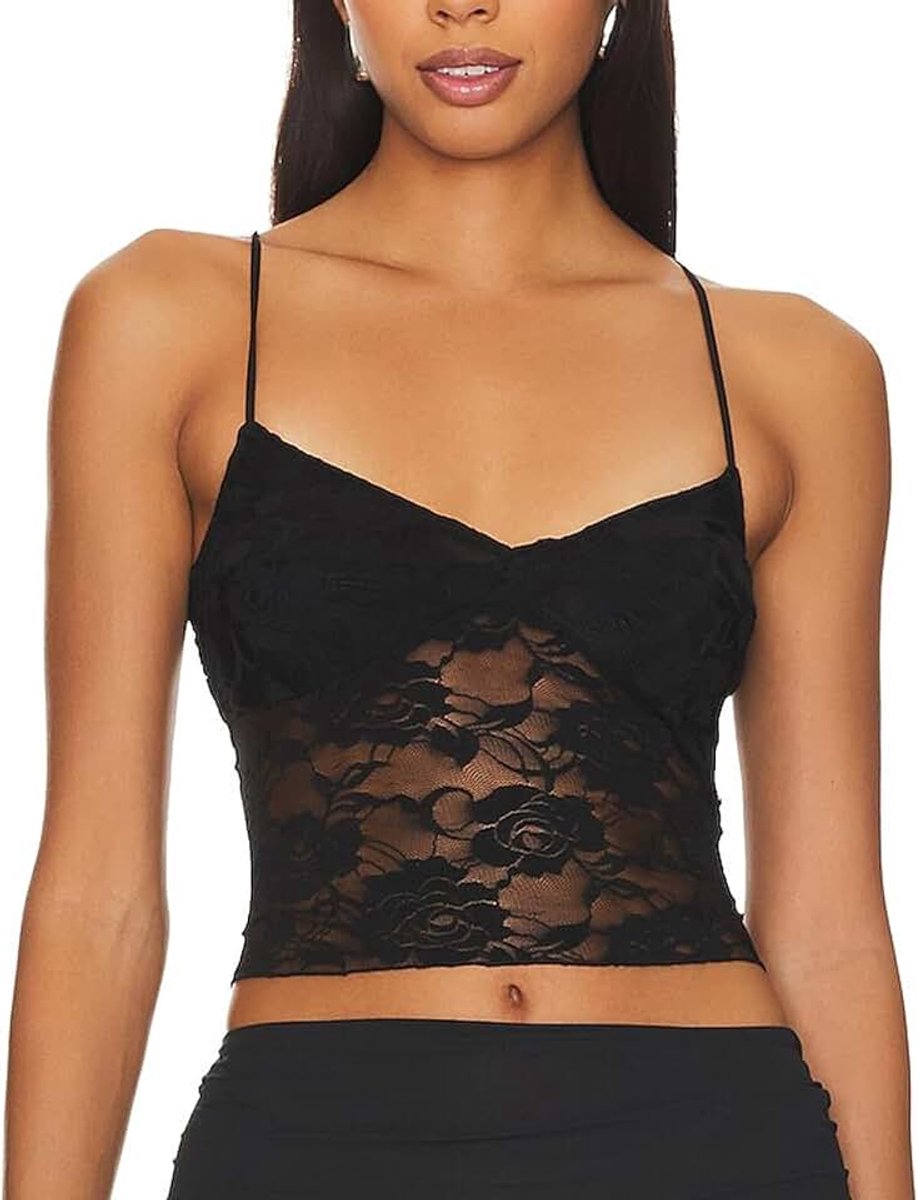 Y2k kanten top voor dames, crop top voor dames, Y2k, stretchy doorschijnend, nauwsluitend, transparante crop, spaghettibandjes en netstof