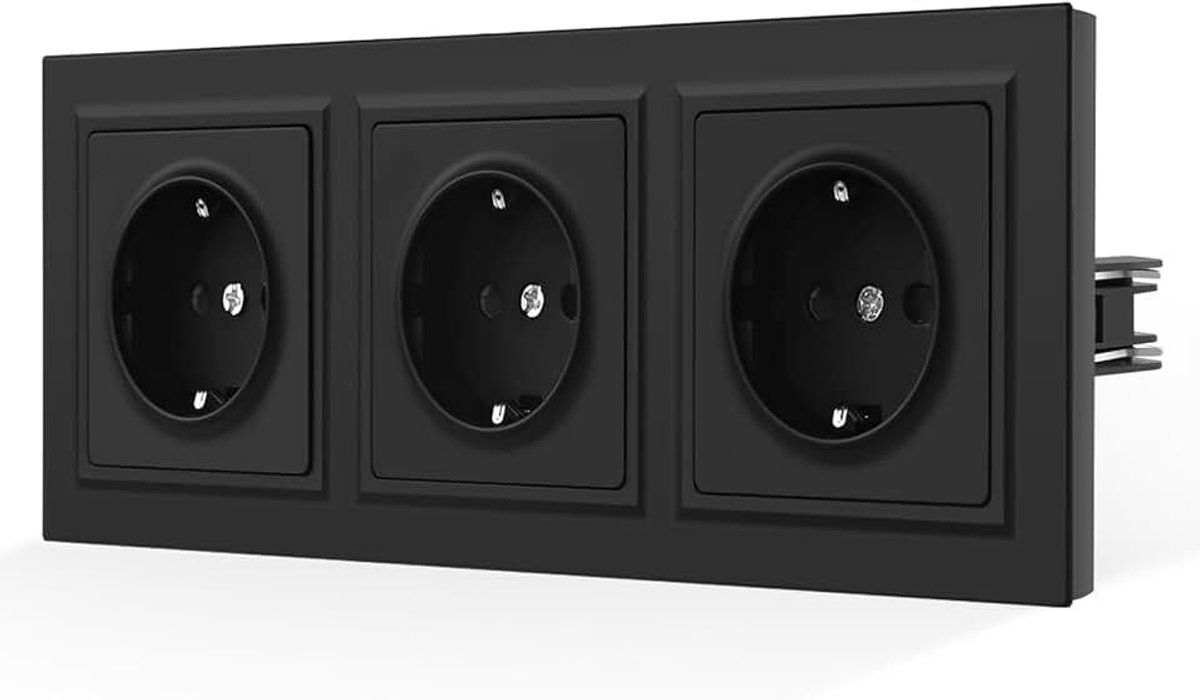 Stopcontact met glad huidgevoel, inbouw met klauwen - drievoudig Schuko-stopcontact met huidvriendelijke matte plaat - zwart wandstopcontact