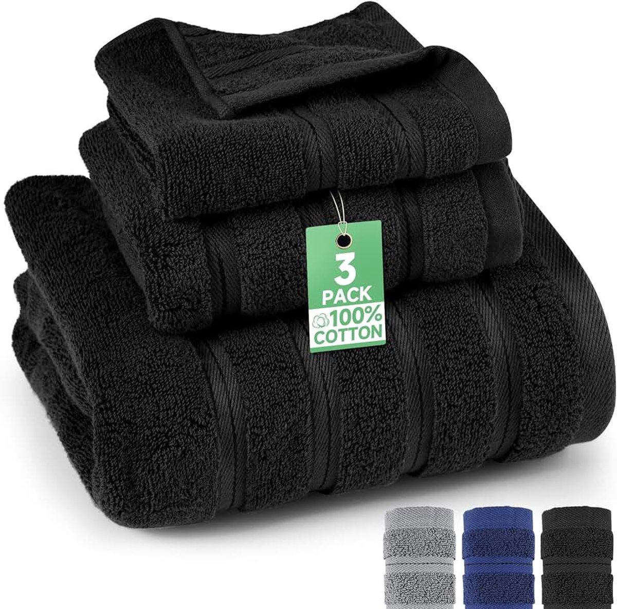 Handdoekenset, katoen, badstof, douchehanddoek 70 x 140 cm + 35 x 75 cm + 35 x 35 cm gezichtshanddoek van 100% katoen, voor badkamer, sauna en gasten (zwart)