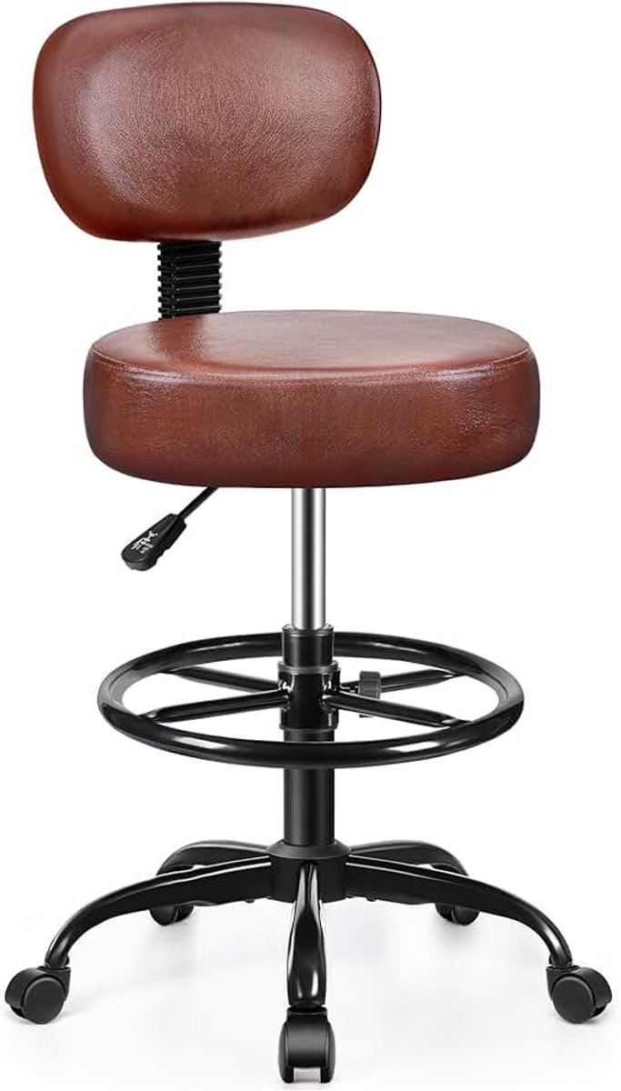 Attic Opstelstoel met rugleuning - verstelbare voetsteun rolkruk met wielen, PU-lederen draaibare kruk voor kantoor, spa, studio, laboratorium, salon, thuis, werk, bar, keuken, winkel (bruin