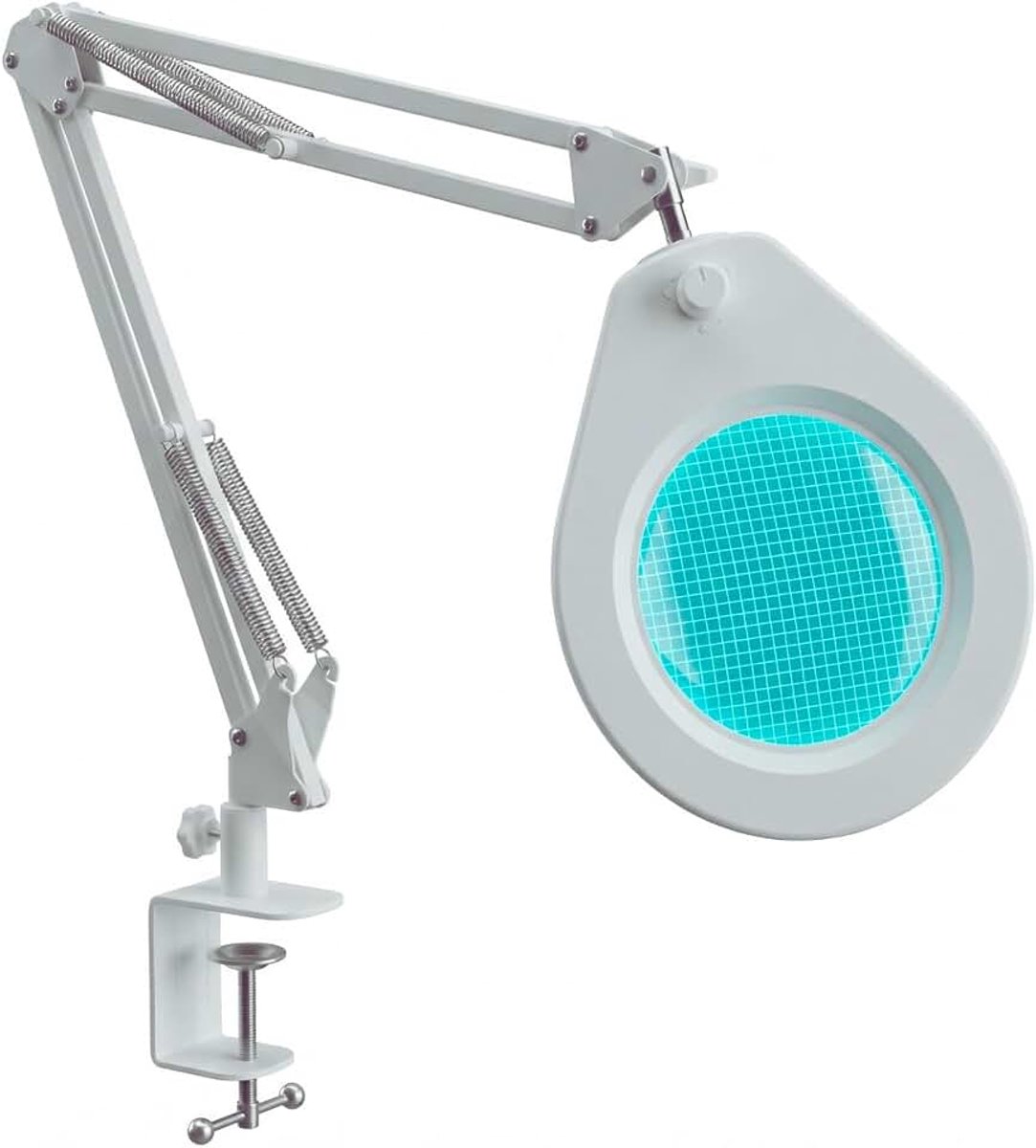 Vergrootlamp met 105 mm 5X lens, dimbare leds, zwenkarm met 90 cm bereik, 6,4 cm robuuste klem en eenvoudige lampkopschakelaar (wit)