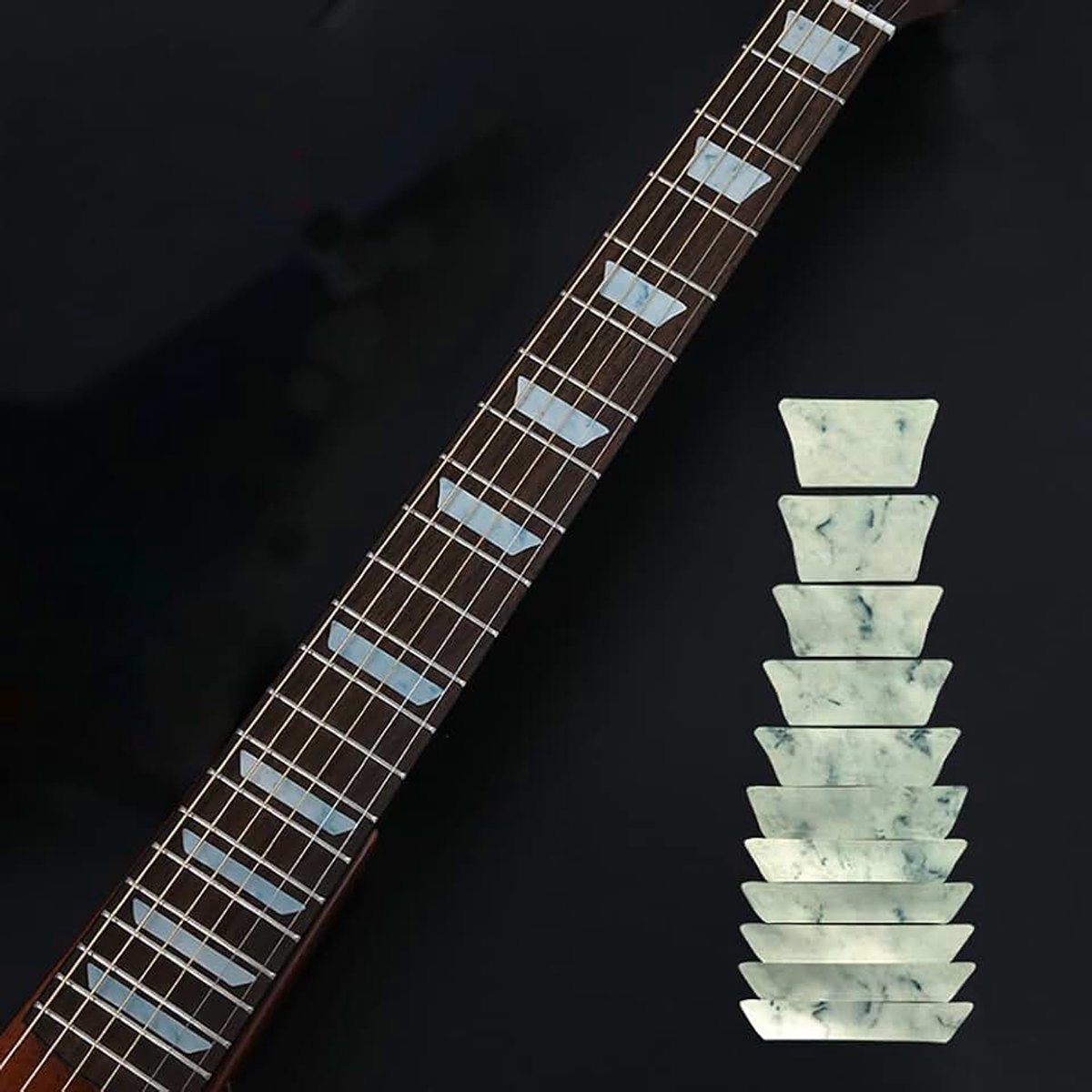 Gitaar fretboard markers inleg sticker, DIY fretboard sticker voor gitaar of bas, wit parel trapezium