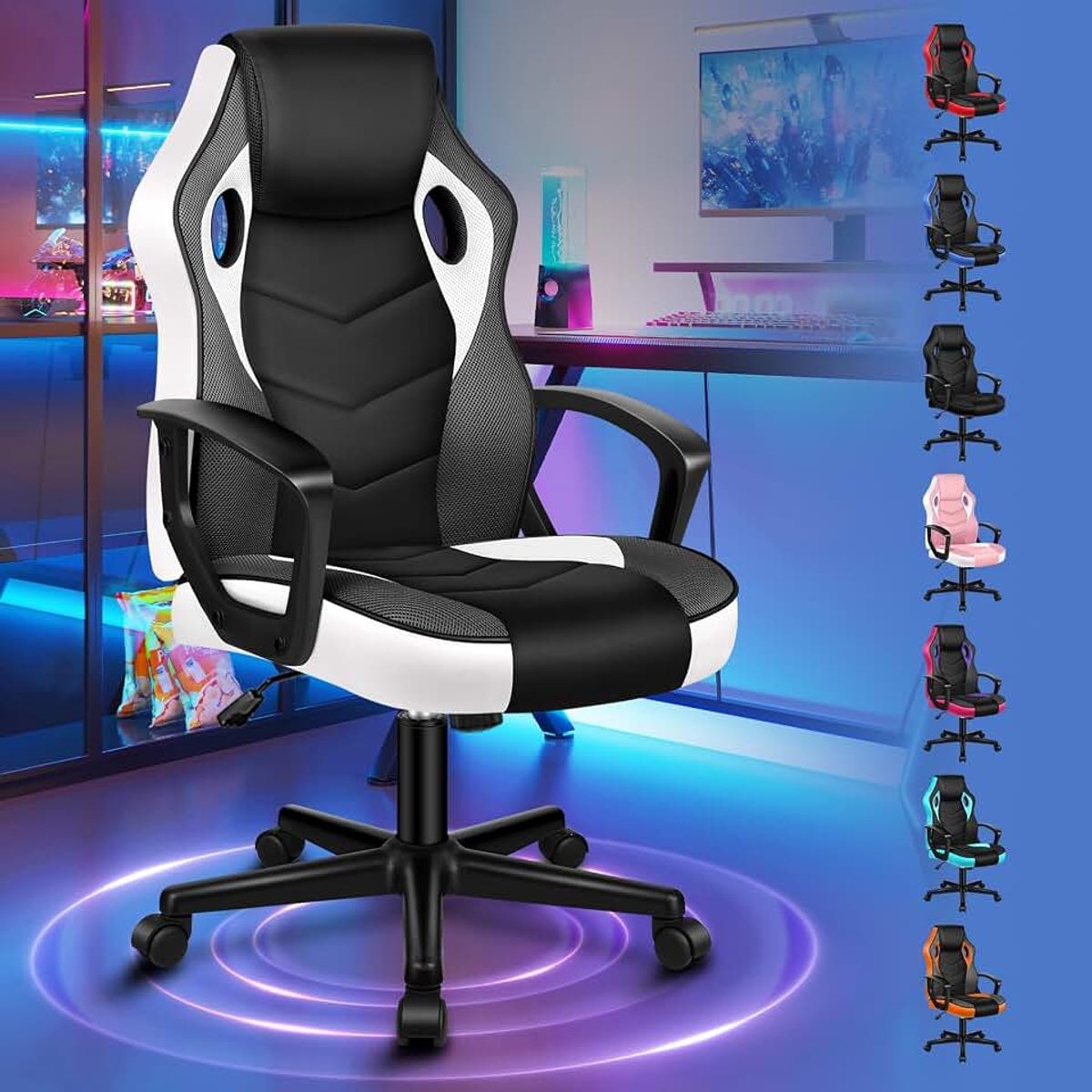Gamingstoel, PC-computer racestoel, ergonomische draaibare bureaustoel met wielen, gemaakt van PU-leer en stof, wit, voor thuisgebruik, wit