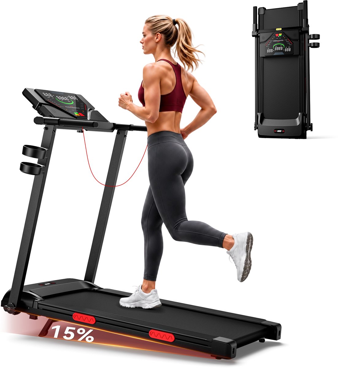 PULSE360 loopband inklapbaar met helling 15%-Snelheid 1‑14 km/u‑ 12 automatische trainingsprogramma's Wandelband‑ - LED paneel & Bluetooth ‑ Elektrisch voor thuis‑ Max belasting 135kg- Kinomap & Fitshow & Zwift