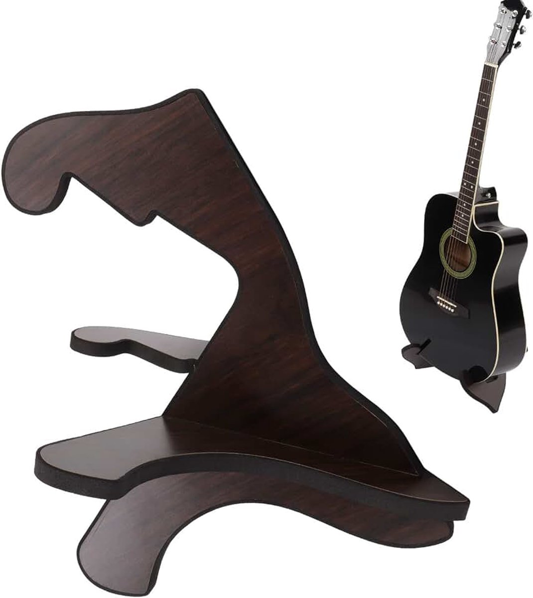 Houten gitaarhouder, gitaarstandaard van hout, X-framestructuur, opvouwbaar, licht, voor reizen, outdoor-optredens (zwart)