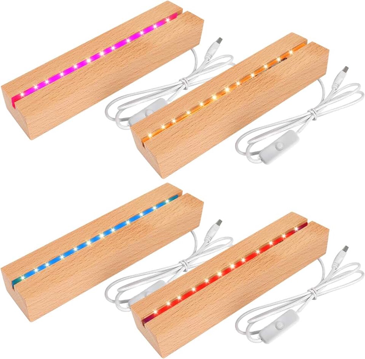 4 stuks led-sokkels voor acrylglas, 30 cm, lichtsokkel, led voor glas, 7 kleuren, lichtsokkel, USB van hout, rechthoekige verlichte displaystandaard, voor kristallen, acrylplaat, glasplaat