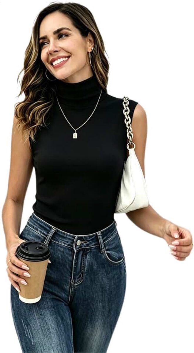 Top voor dames, elegant rolkraagshirt zonder mouwen, dun, licht, rekbaar, basic jersey vest, slim fit