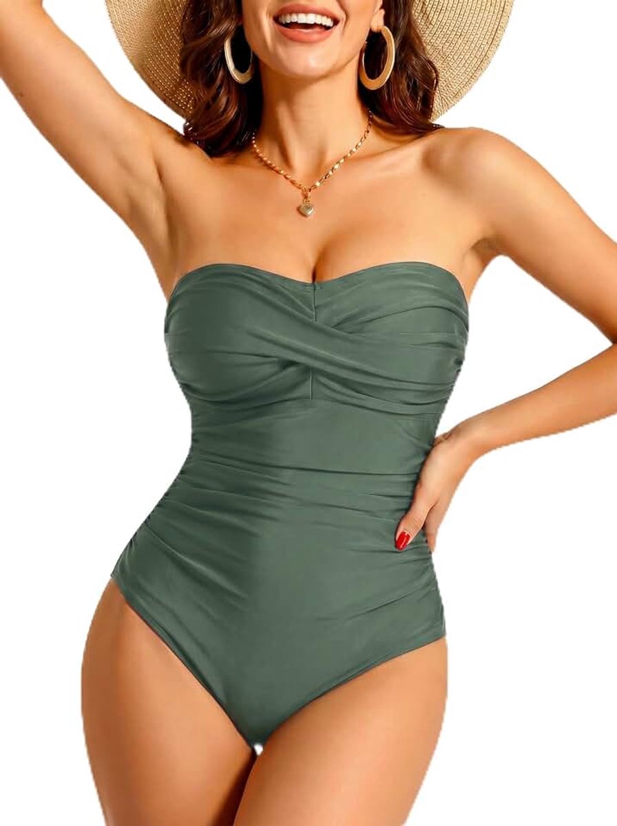 Strapless zwempak uit één stuk voor dames, met ruches, gewatteerd bandeau badpak, sexy afslankende zwembroek