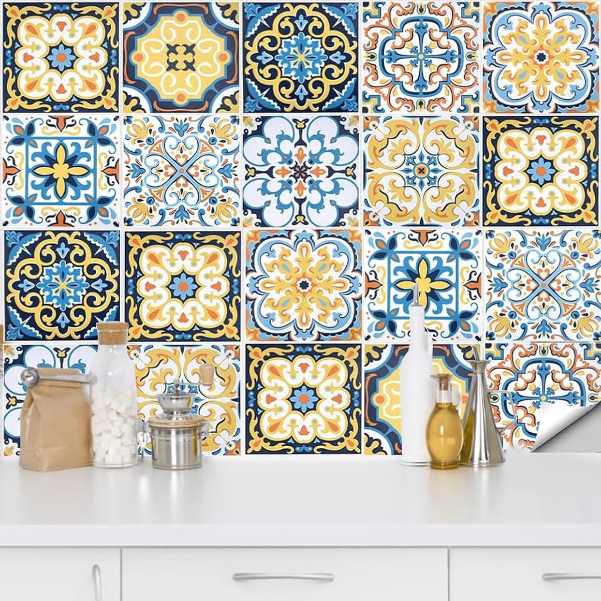 Tegelstickers, 20 stuks, 15 x 15 cm, zelfklevende tegelstickers, tegelfolie, waterdicht, mozaïektegels, Marokkaanse tegelstickers voor keuken, badkamer, decoratie