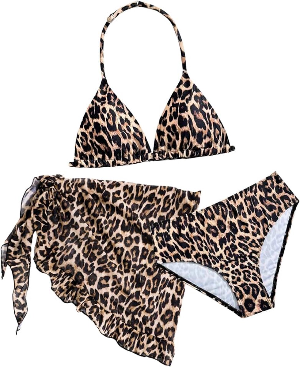 Meisjesbikini set luipaardpatroon bloemen driedelig badpak met rok badmode zwempak voor kinderen 8-12 jaar