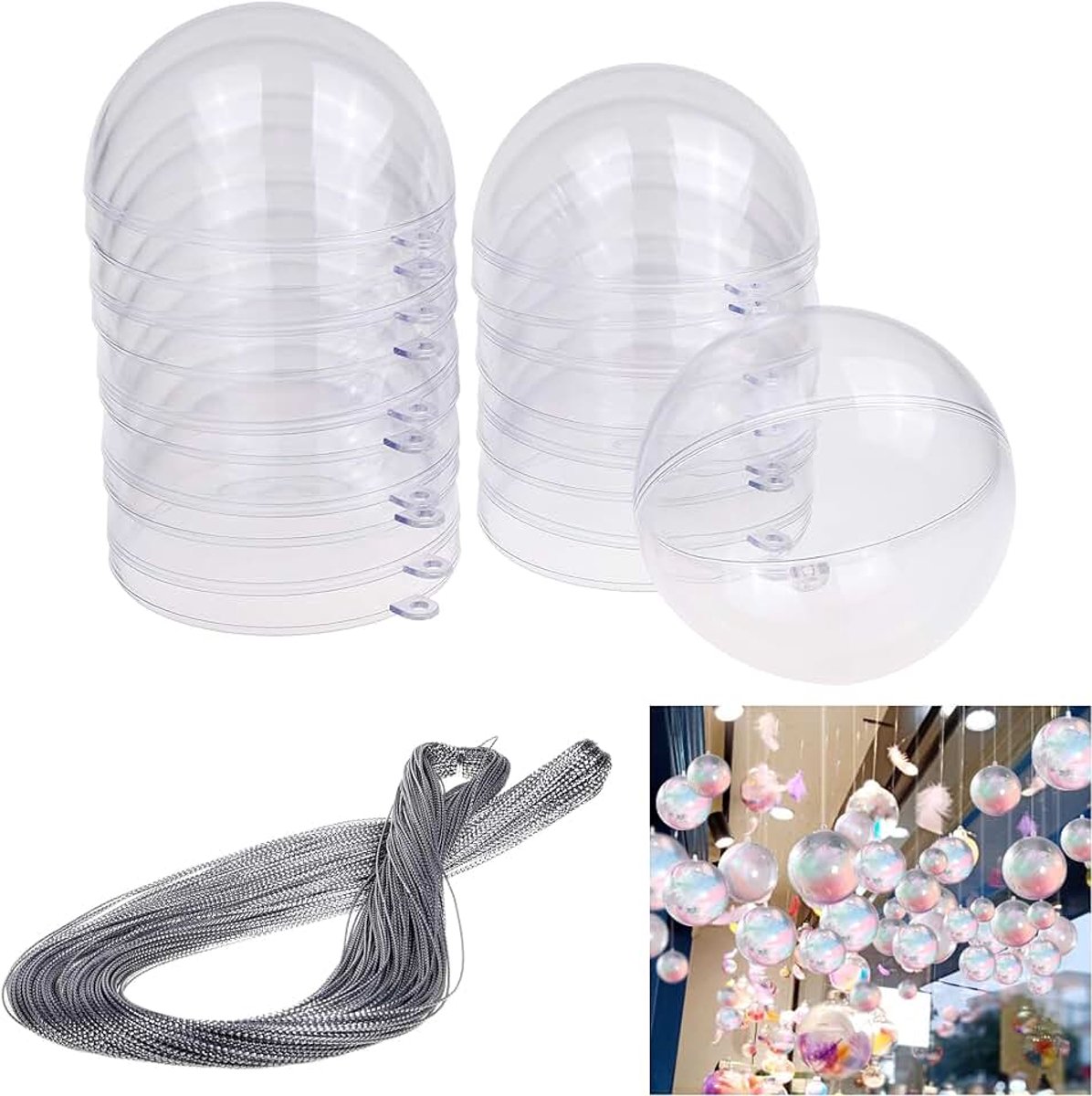 & Kind 10x vulbare plastic ballen - doorzichtige transparante kerst, kerstversiering - ideaal decoratief item voor bruiloften, feesten, verjaardagen, evenementen - inclusief 100 meter draad