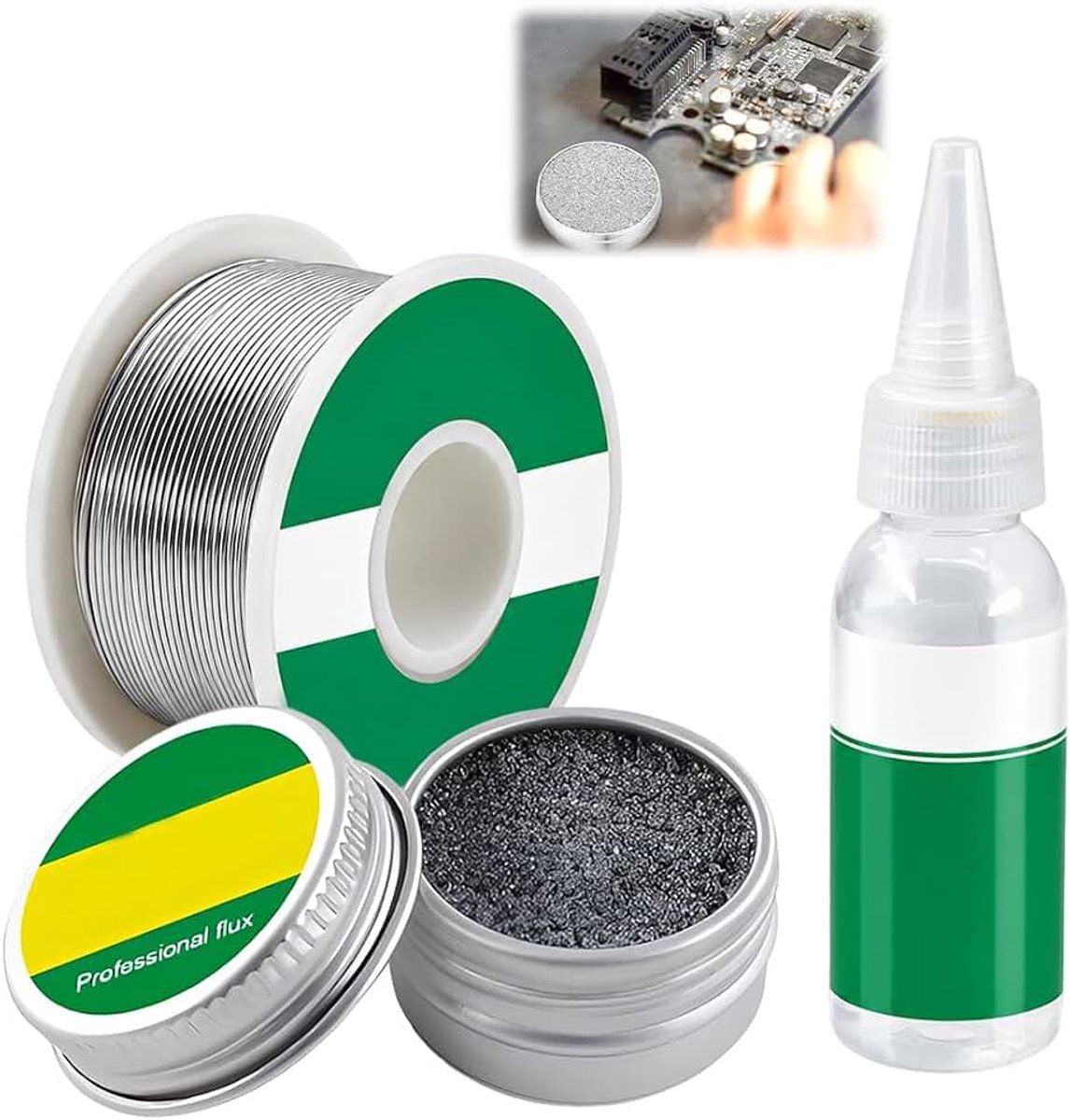 1 set 3-in-1 tinset, soldeerpuntreiniger, reactivator, bevat 30 ml vloeimiddel + 8 g opwindzalf + 50 g roestvrijstalen soldeerdraad, voor roestvrij staal, elektronica en reparatie