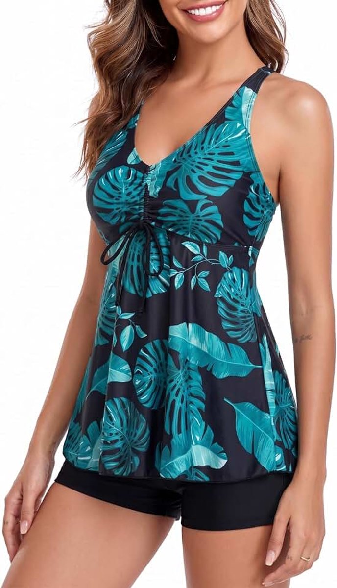 Tankini met opdruk voor dames, buikcontrole, badpakken met gekruiste rugbedekking, tankini-topje, tweedelige badmode met bloemenmotief en kort broekje