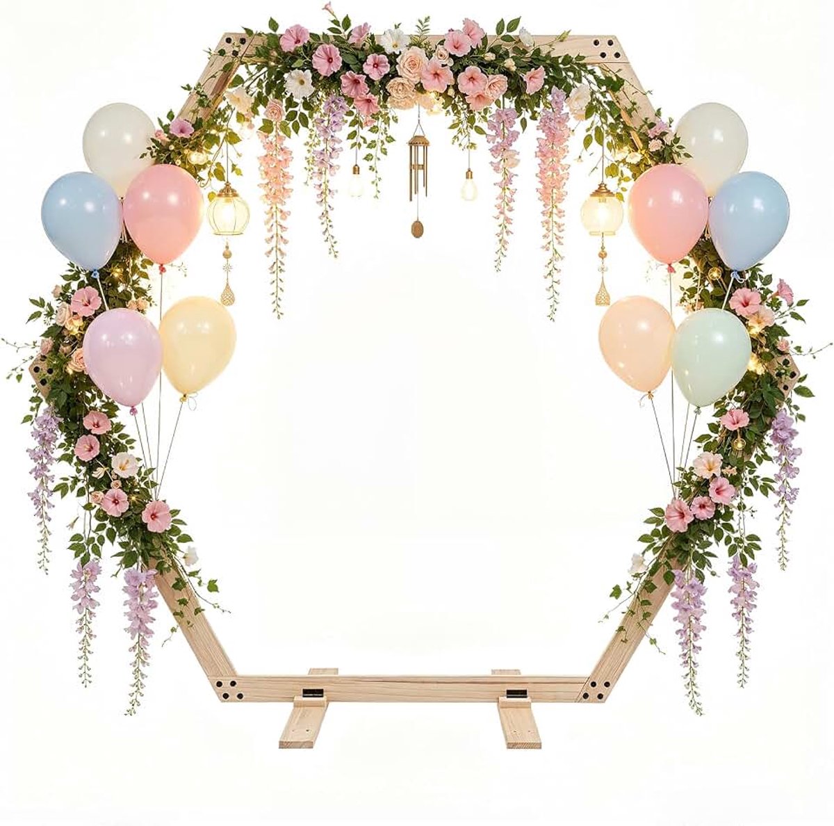 Bruiloftsboog van hout, zeshoekig, 2,15 x 1,85 m, zeshoekige bruiloftsboog met steunvoetjes, doe-het-zelf bloemenboog, achtergrondstandaard voor bruiloft, verjaardag, verloving, feest
