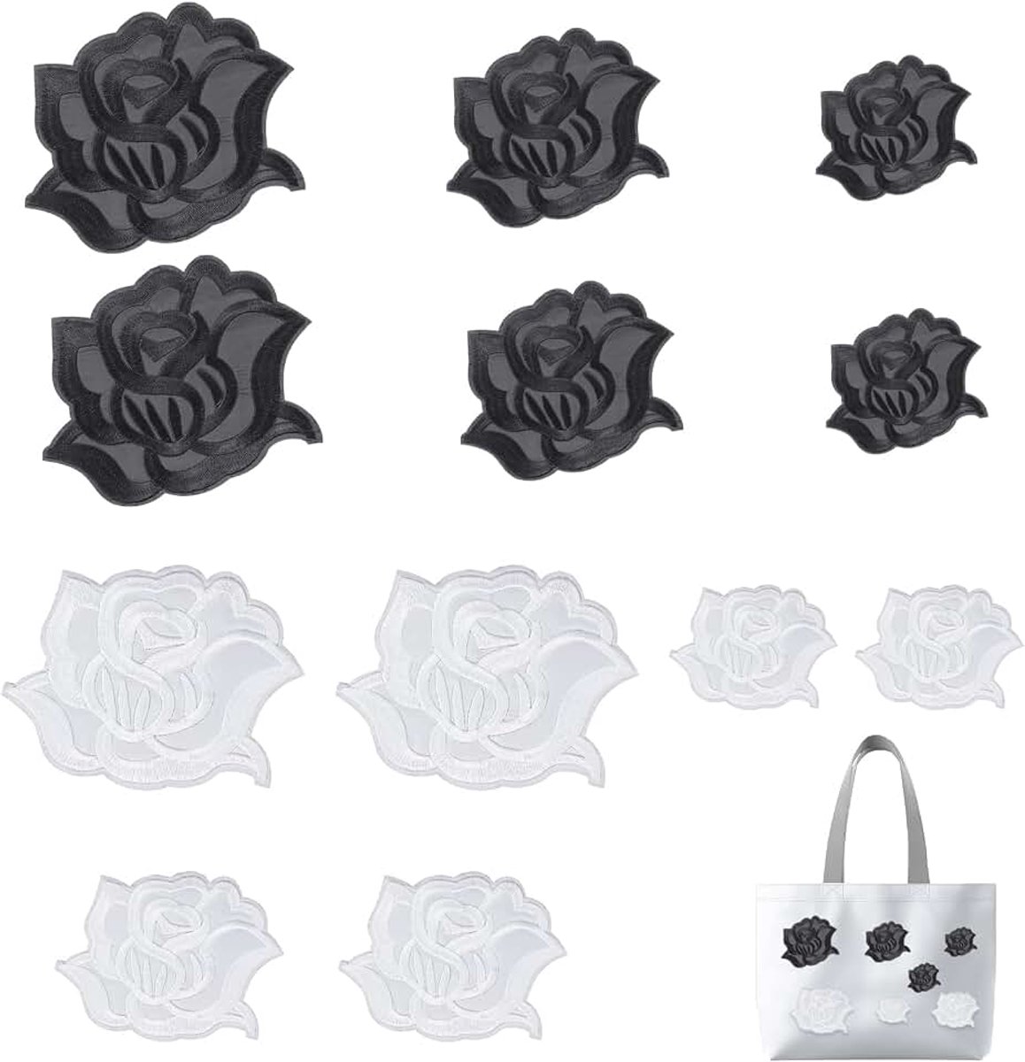Rozenbloem Patches - 12 Stuks - 3 Verschillende Groottes - Geschikt voor Kleding en Handwerk - Ideaal voor Het Repareren en Versieren van Kleding, Accessoires en Meer