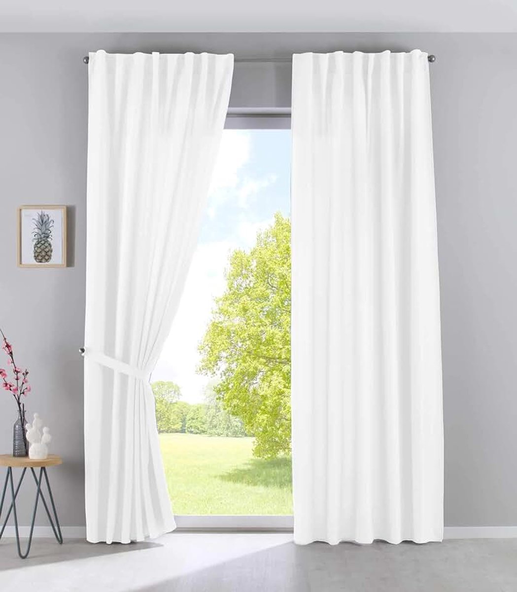 2019037-2, set van 2 gordijnen, verborgen lussen, wit, ondoorzichtig, linnenlook, gemêleerd, HxB 250 x 140 cm