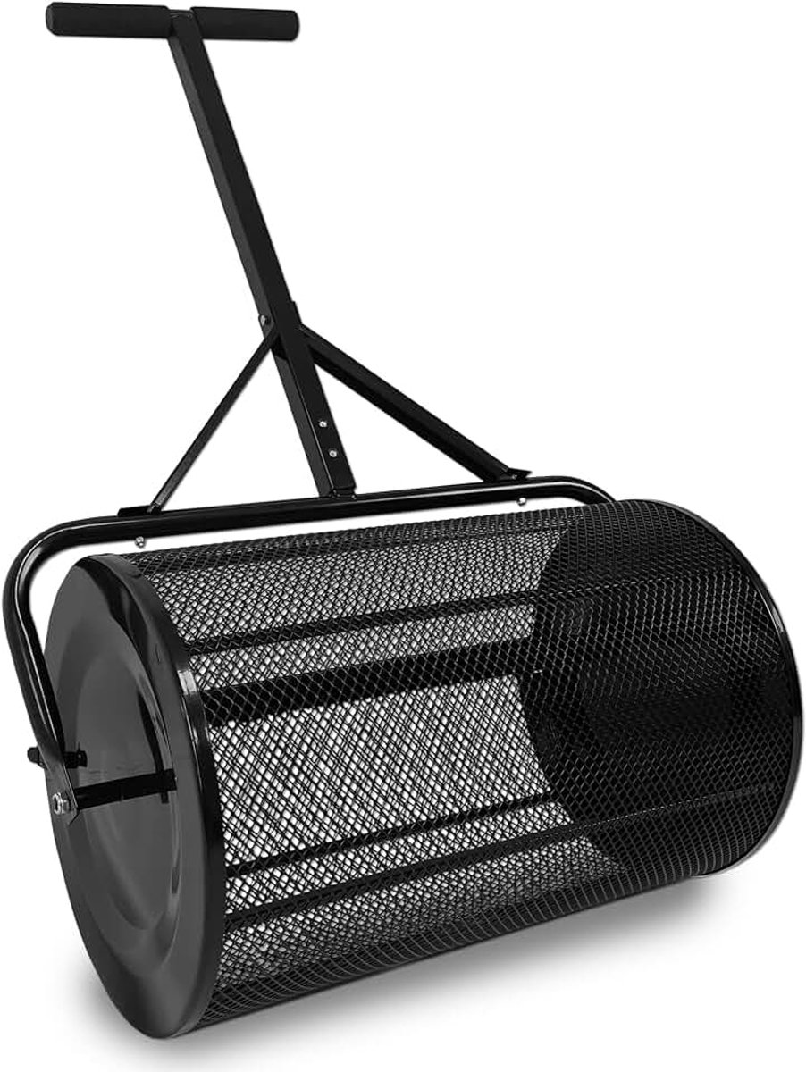 Compoststrooier, 65 cm, tuinstrooier met metalen vlechtwerk en T-handgreep, 80 liter, turfmosstrooier voor gazon, bovengrond, mist, zand, mulch, robuuste strooiselaar voor tuin, binnenplaats