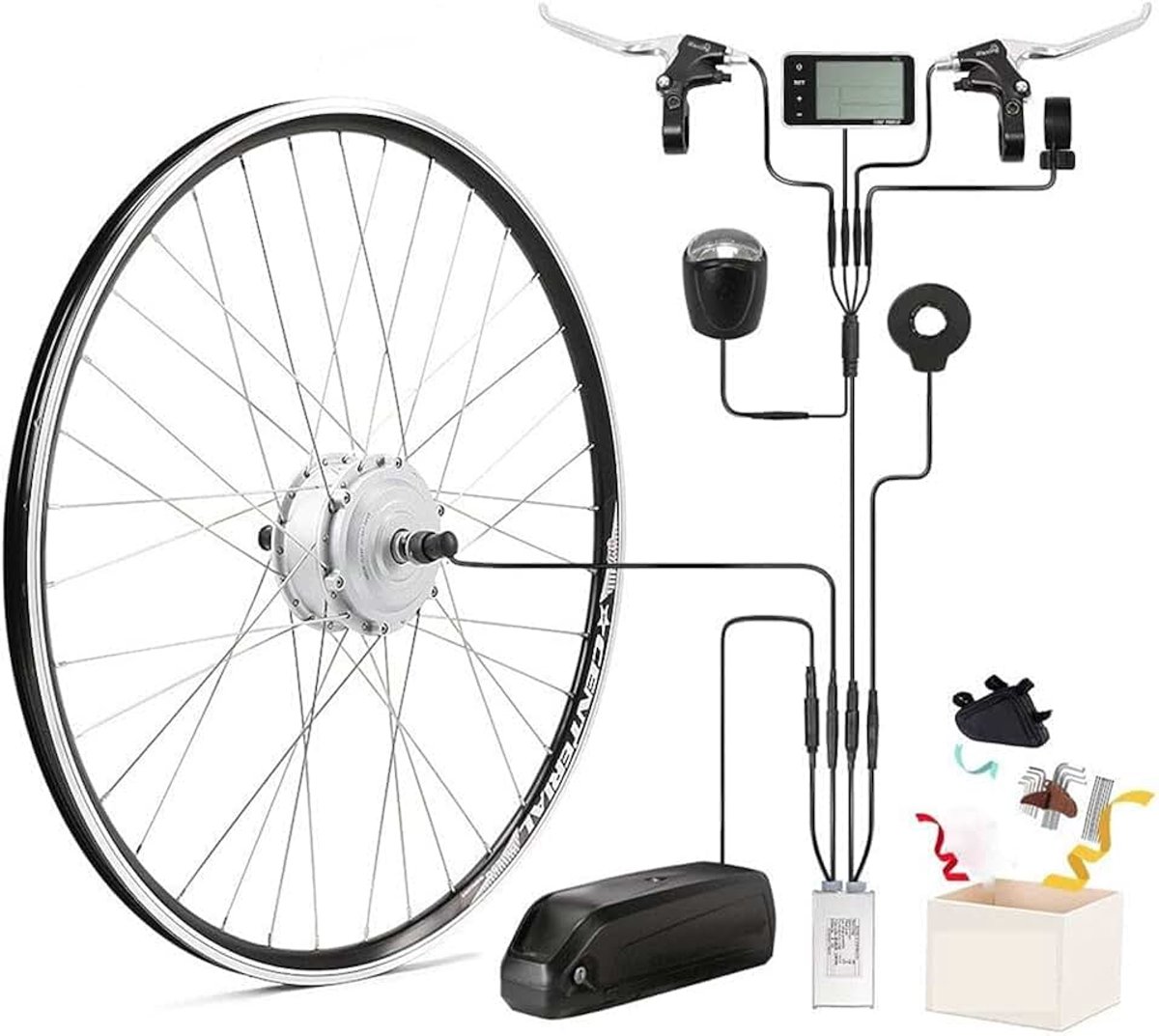 28 inch (700C) E-bike ombouwset, 36 V, 250 W, borstelloze aandrijving voorwiel, naafmotor voor voorwiel, met LCD-display, pedaalsensor