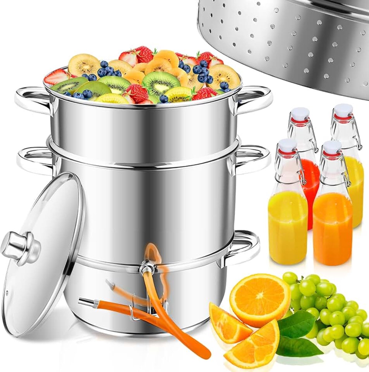 16L Ø26 roestvrij staal sapcentrifuge incl. 4 beugelflessen, geschikt voor alle warmtebronnen, zacht sap van groenten en fruit, vaatwasmachinebestendig, zilver