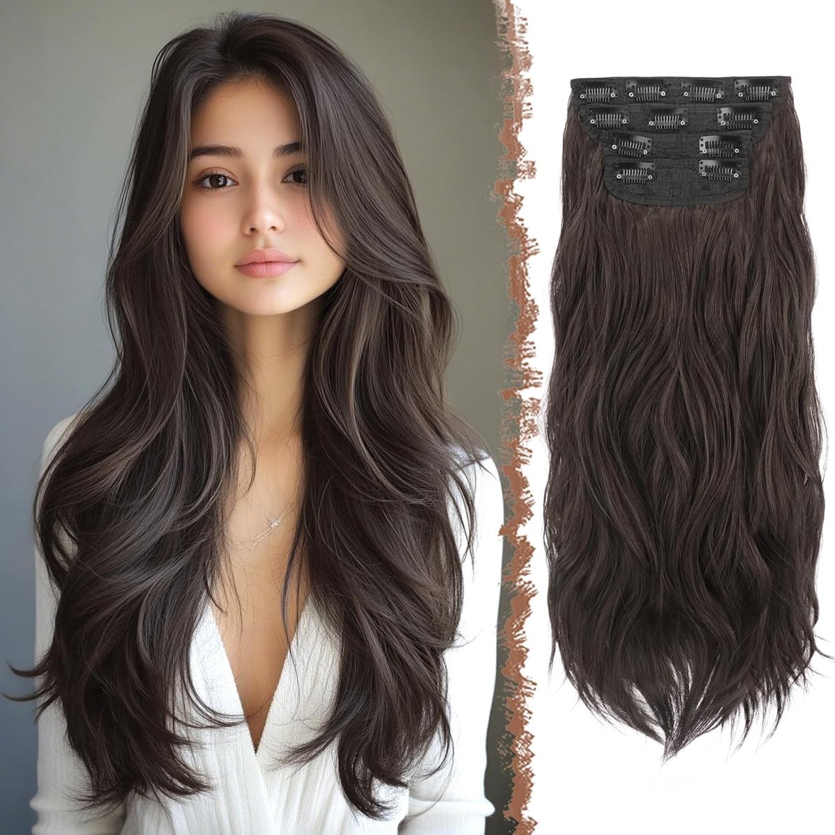 Haarextensies - 4 stuks Lange Golvende Clip in Haar Extensions Kunsthaar Haarverlenging voor Vrouwen, 60 cm Zwart Bruin