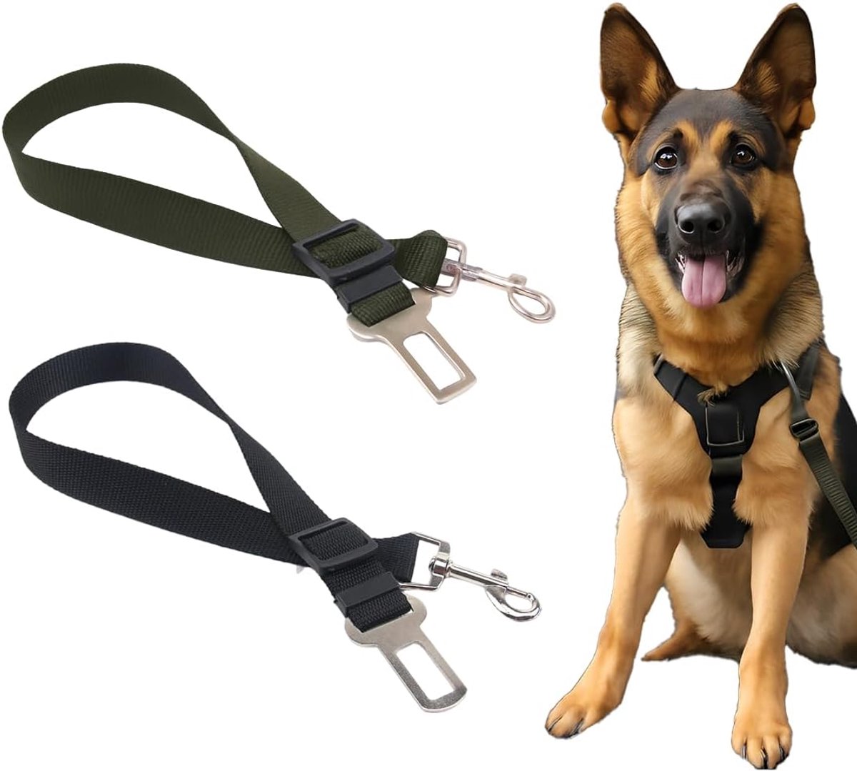 2 stuks autoveiligheidsgordels voor alle honden en katten, hondenriem van nylon met sterke karabijnhaak, met verstelbare lengte (legergroen)
