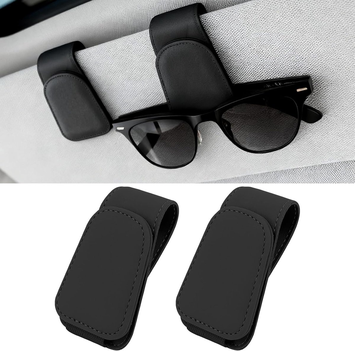 Tweedelige magnetische zonnebrilhouder set, geschikt Geschikt voor zonnekleppen in de auto, biedt ruimte Geschikt voor brillen en pasjes, universeel en praktisch autoaccessoire (zwart).
