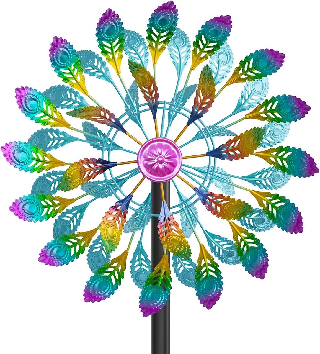 windmolen, tuindecoratie in retrokleuren, windgong voor tuin, gazon en terras, windsculptuur, spinner met metalen paal (gekleurde veren)