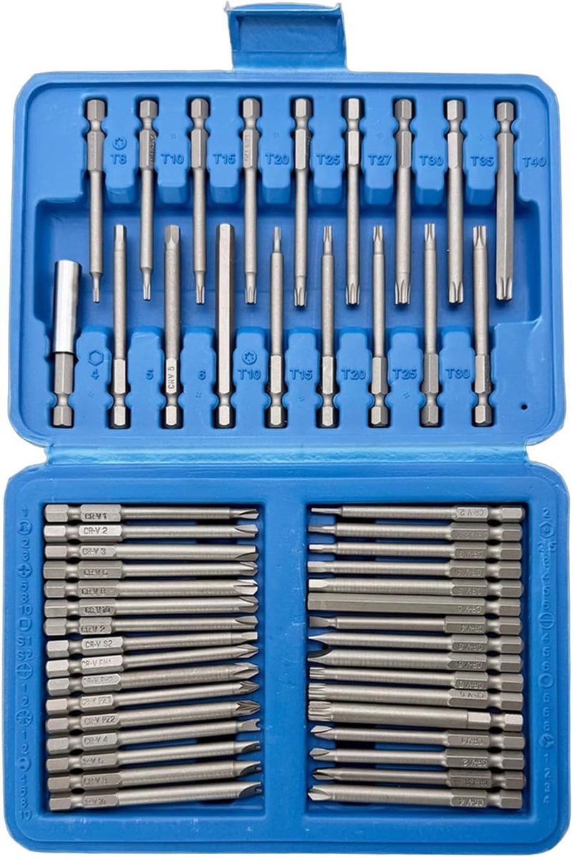 50-delige bitset 75 mm extra lang, 1/4 inch zeskantschacht, professionele schroefbits van chroom-vanadium-staal met Torx, binnenzeskant, kruiskop, multitand, incl. bithouder, voor accuschroevendraaier