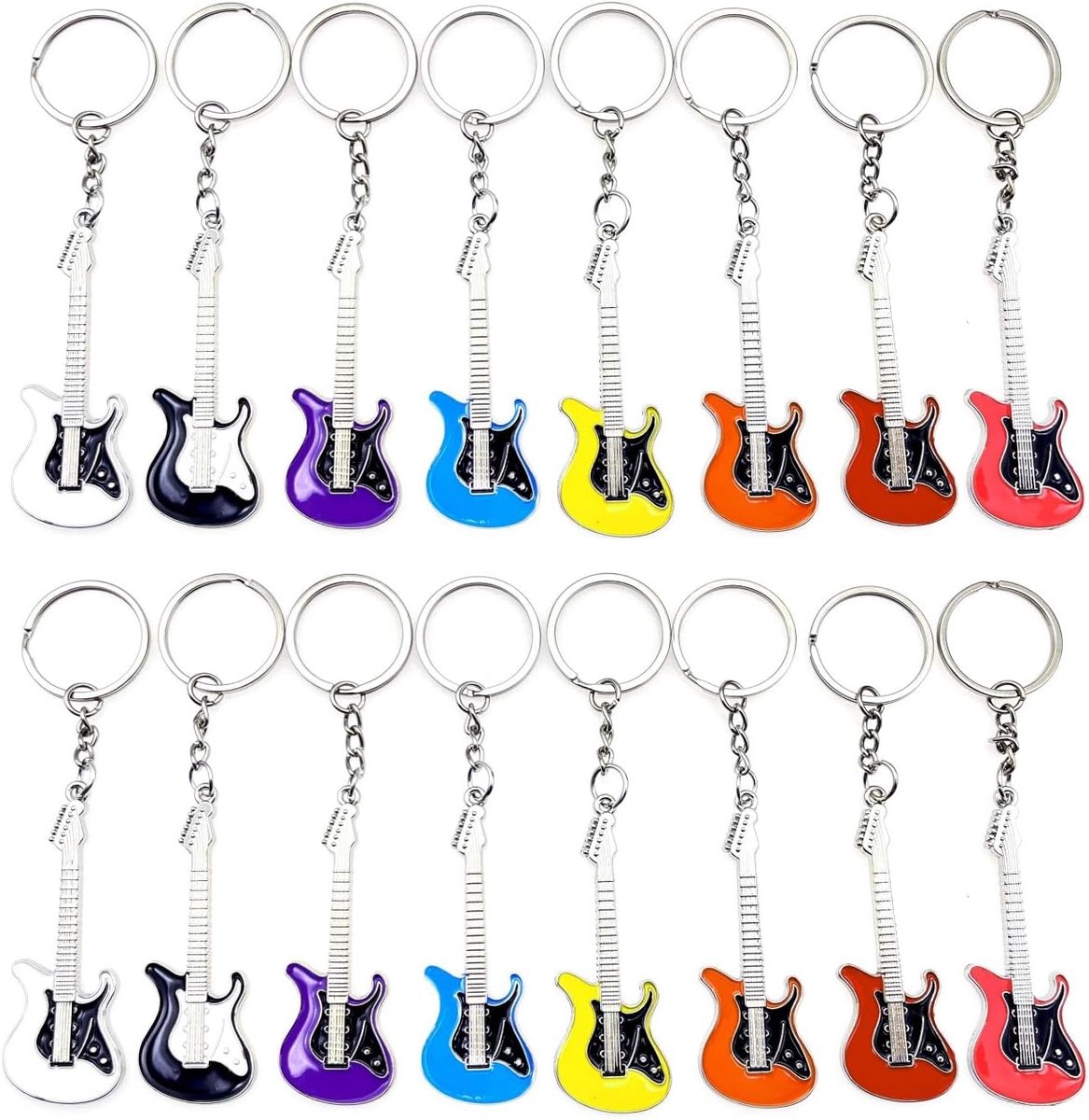 16x Metalen gitaar sleutelhanger voor gunsten muziek themafeest gitaar thema feestversieringen souvenirs gitaar cadeau voor rockmuziekthema muziekfestival feest weggeefacties