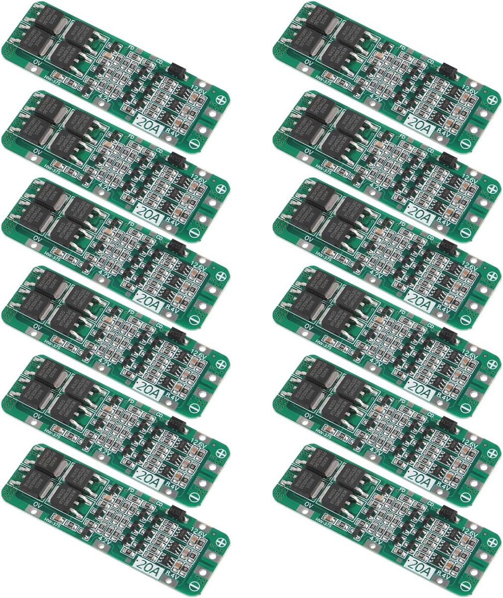 12 stuks 3S 20 A 12,6 V 18650 Lithium BMS Li-Ion batterijbeschermingskaart oplader module, 3 snaren PCB-beschermplaat bedieningspaneel