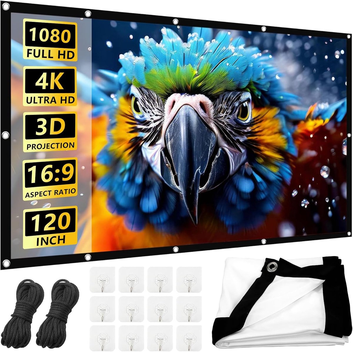 Beamerscherm 120 inch, 16:9 HD anti-rimpel dubbelzijdig | 4K Beamercanvas, draagbare canvas beamer, zacht en glad, slijtvast voor thuis, kantoor, school en outdoor